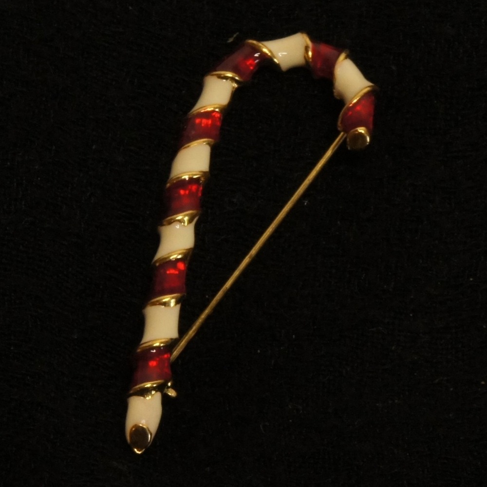 Vintage Candy Cane Brooch‎ Red White Enamel Gold Tone Christmas Pin